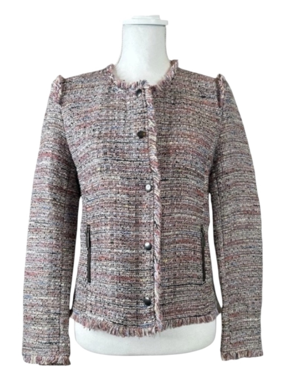 HALOGEN Tweed Multi-Colored Blazer w/Fringe Trim, Front Zips & Snaps, Size XS.